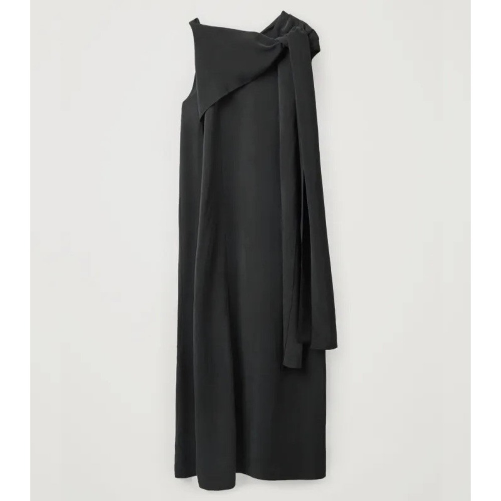 COS Draped Tie Neck Maxi Dress Sz 8 Black Modal Cupro Minimalist Avant Garde